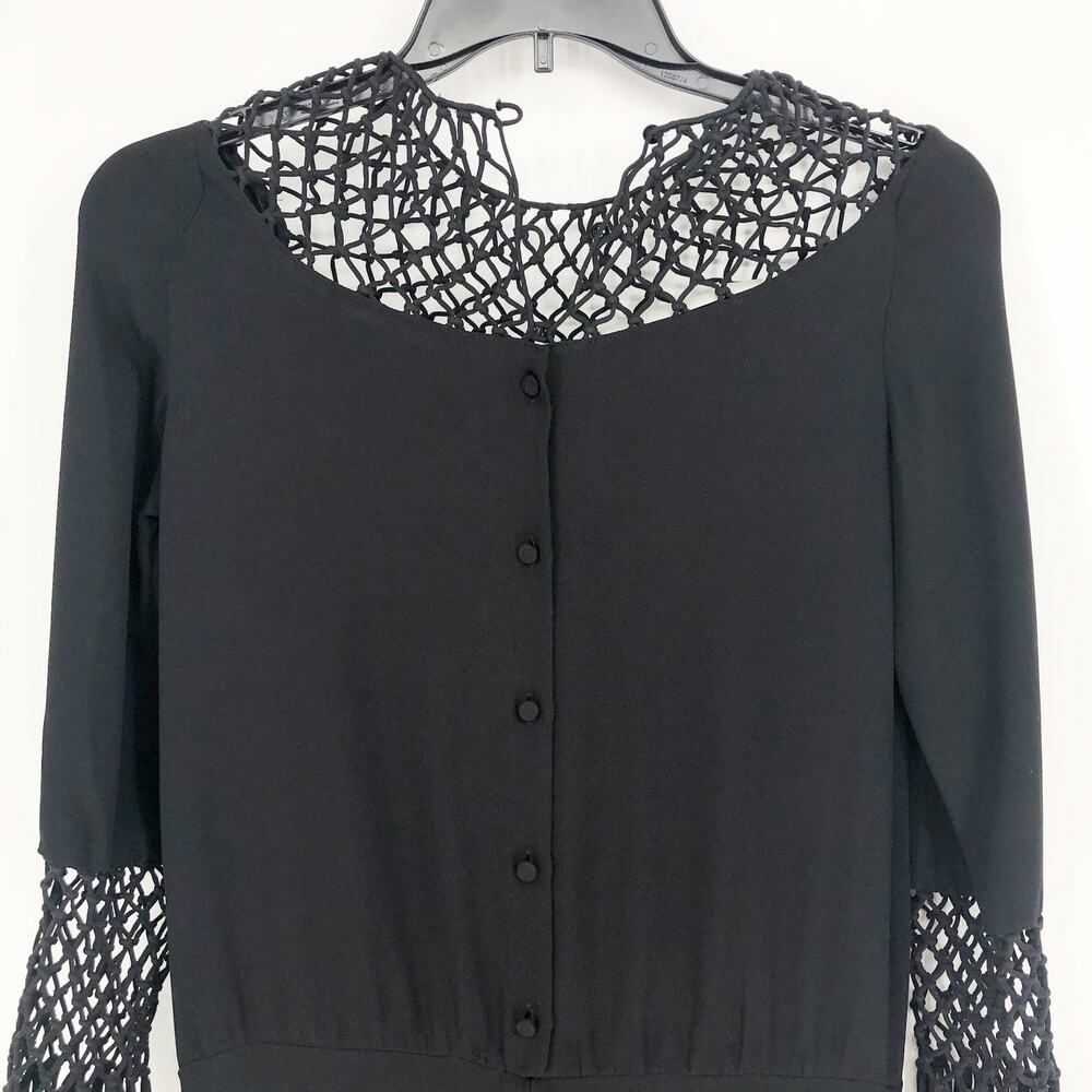 VALENTINO GARAVANI Midi Dress 4 Black Fringed Macramé-Paneled Silk-Crepe FLAW - Picture 8 of 16